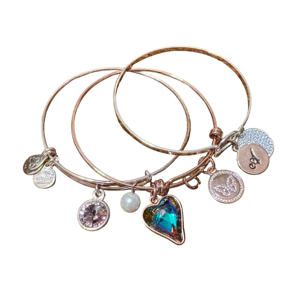 Alex and Ani Bangle Bracelet Set Heart Butterfly Crystal Pearl Silver Rose‎ Gold